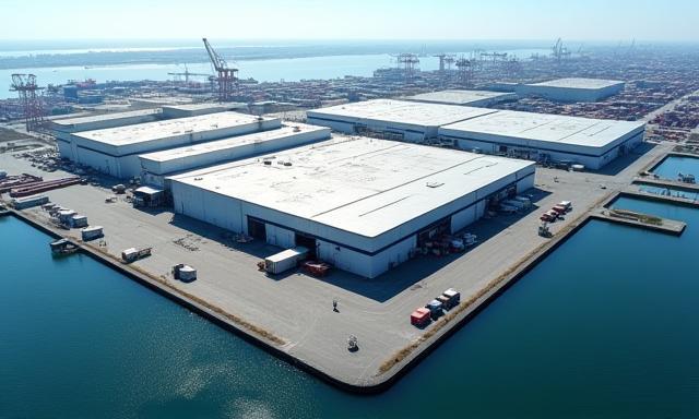 Een luchtfoto van een uitgestrekt, modern logistiek centrumgebouw in de haven van Rotterdam, dat de strategische indeling en grote schaal toont.