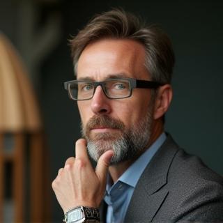 Professionele foto van Thomas Brandt, Hoofd Architect & Ontwerp, met een bedachtzame uitdrukking.